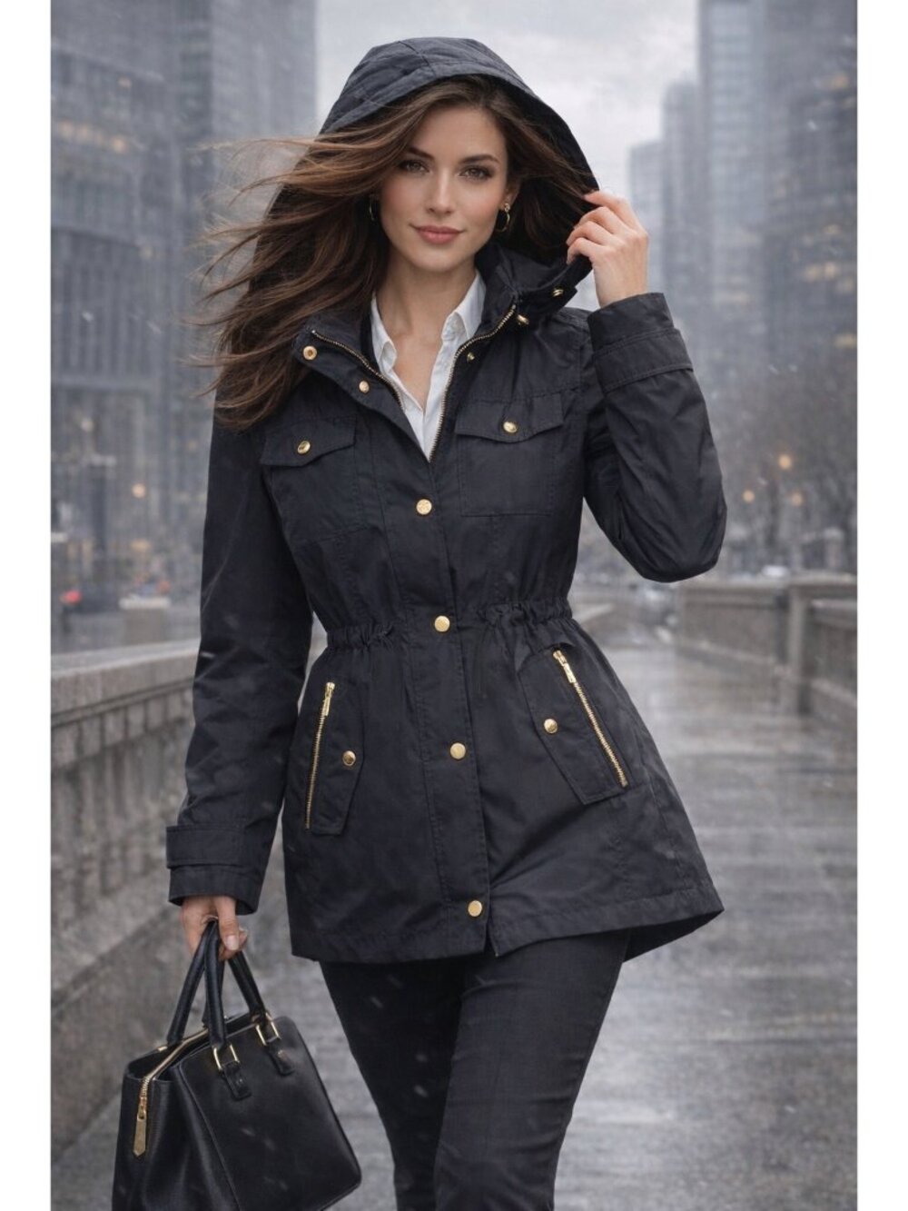 Michael Kors Black Mid-Length Rain Wind coat Zip Snap Front Womens Small Spring